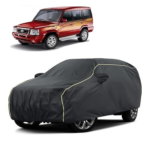 Image of Sulfar 100% Water Resistant Car Body Cover Compatible with Mirror for Tata Sumo (Triple Stitched, Full Bottom Elastic, Dark Grey Taffeta with Yellow Piping)