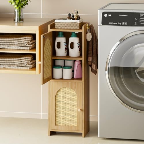 Arbuxzuy Rattan Bathroom Storage Cabinet,Corner Floor Cabinet with 2 Doors and Adjustable Shelf, Narrow Toilet Paper Cabinets with 2Hooks,Toilet Organizer for Small Spaces,7.87\"D*9.84\"W*29.72\"H Oak
