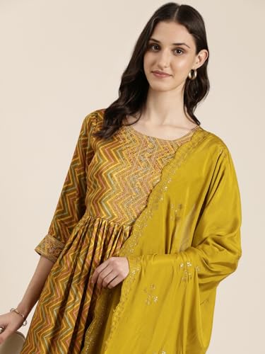 Image of SHOWOFFFF Women Printed Three-Piece A-Line Ethnic Kurta Set | Round Neck 3 /4th Sleeves Satin Kurta Set's for Womens | Mid-Rise Lime Regular Fit Calf Length Kurta Set for Women's