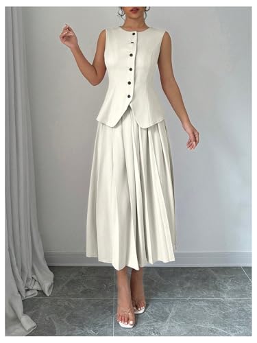 Milumia Women's 2 Piece Outfit Dressy Button Down Sleeveless Blazer Vest and Pleated Long Skirt Set Casual Suit4