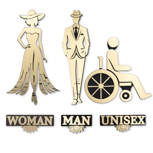 Accessori bagno adesivi murali - Set completo: targhe fuoriporta per bagno WC in laminato plastico color oro, 3 pezzi - Uomo, Donna, Disabile ideali per Bagni Pubblici Uffici Negozi Ristoranti e Hotel