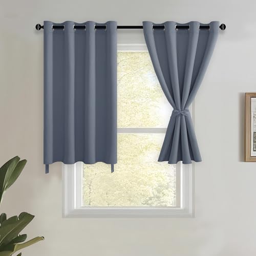JIUZHEN Short Curtains Kitchen Half Window Blackout Curtains with Tiebacks for Baseroom Shadows, Grommet Curtains for Living Room, Set of 2 Window Curtain Panels, 52 x 36 Inch Length，Dusty Blue