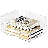 Tomorotec Desk Letter Tray Set, A4 Size Clear PET Stackable Document Organizer Office Desktop File Paper Holder Book Storage Rack Side Load Anti-Skid Stacking Support Convex Bottom (2X Landscape)