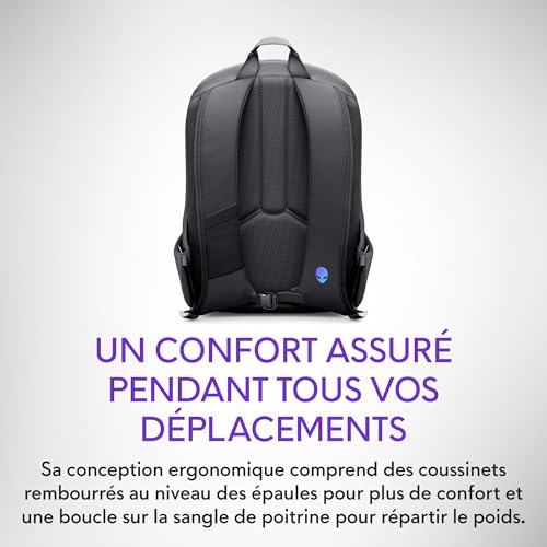 Alienware 16 Sac à Dos - AW5625P - Capacité 21L, Maille Respirante 3D, organiseurs magnétiques, Poche RFID sécurisée, résistant aux intempéries, Logo réfléchissant Iridescent 3D - Noir