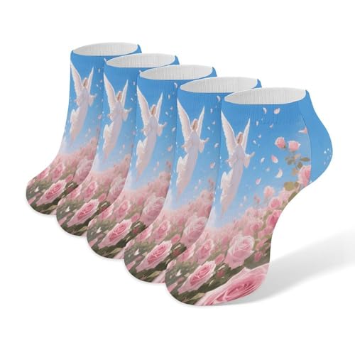 VstaDank Angel And Roses Ankle Socks 5 Pairs Fashion Invisible Low Cut Sock for Adult Casual Short Sock Soft Cozy No Show Socks