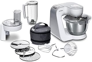 Bosch MUM5 CreationLine MUM58W20, Stainless Steel Bowl 3.9 L, Mixer 1.25 L, Planetary Mixer, Dough Hook, Whisk and Whisk Stainless Steel, Translucent Carver, 3 Slices, 1000 W, White