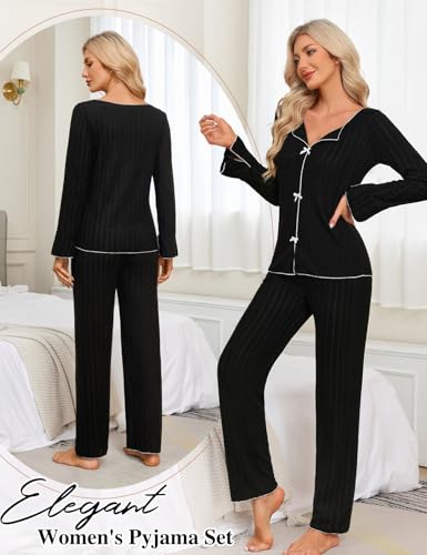 VXVGER Women's Pajama Sets Soft Cozy Pjs, Slim Fit V Neck Long Sleeve Sleepwear 2 piece Lounge Set Spring Fall Outfits (Black, S) — view 6