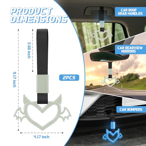 Image of 2 Pcs Devil Heart Shaped Car Handle Strap - JD M Drift Charm Rear Bumper Warning Ring Decor for Car Interior Exterior, Subway Bus Handle Accessory, Cute Heart Car Decor Gift (Luminous Blue-Wing)