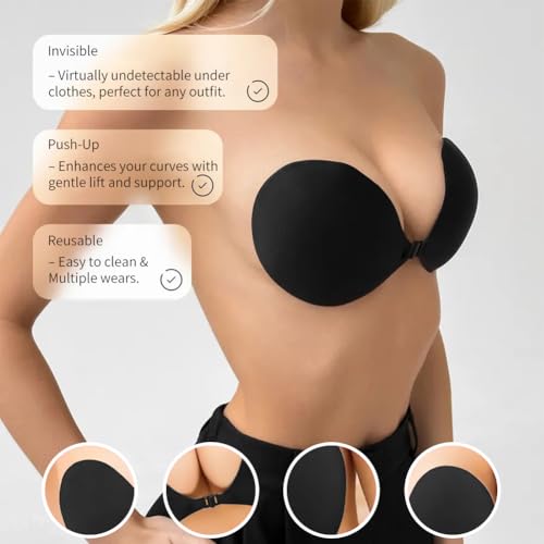 Invisible Adhesive Push-Up Bra Sticky Strapless Bra with Clear Halter Neck Strap for Backless Dresses/Tops