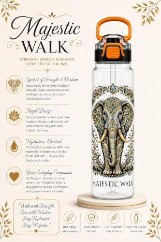 Image of Majestic Walk Elephant Printed Water Bottle 1 Litre with Straw & Gulp Drinking