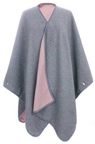 LL Womens Light Gray and Pink Reversible Fleece Blanket Poncho Button Sleeves