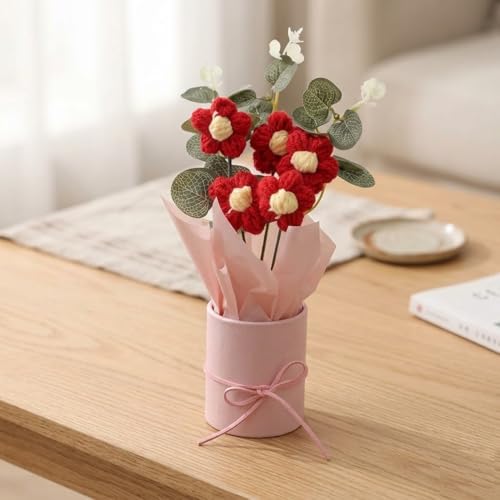 Image of Panchhi Store Handmade Crochet Flower Bouquet in Red Vase, Aesthetic Room Decor for Bedroom, Unique Birthday Gift for Women & Girls, Anniversary Couple, Boho Artificial Table Decoration Items 1 pcs