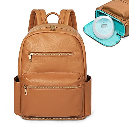 Image of MOMINSIDE Small Diaper Bag Backpack, 13 Pockets Leather Mini Baby Bag Backpack, Breast Pump Bag, 13 Inch Laptop Sleeve, 2 Insulated Pockets, Bottom Compartment, Brown