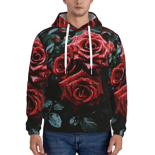 Men's Fleece Pullover Hoodie Long Sleeve Hooded Red and black rose Sweatshirt Casual Shirts With Pockets Small2