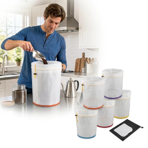 5 Gallon Nylon Mesh Filter Bags 5-Pack 5-Color 25-220 Micron Reusable Strainer Bags with Drawstring Multi-Purpose Filtration Bags for Hydroponics Gardening Industrial Craft Beer Coffee