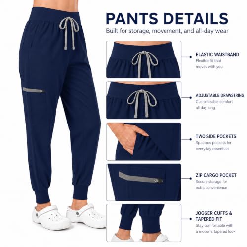 YEZEX Scrubs for Women Set, Stretch V-Neck Top & Jogger Pants, 8 Pockets (Dark Blue) — view 4