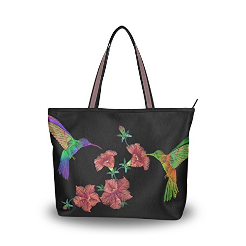 Hummingbird Tote Bag for Women with Zipper Pocket Polyester Tote Purse Flower L