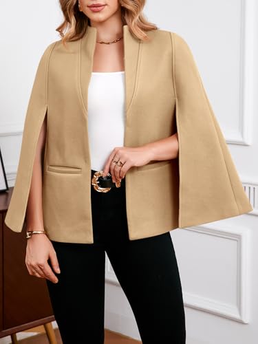 Cicy Bell Womens Cape Pea Coat Work Casual Split Long Sleeve Coat Stand Collar Open Front Fall jacket4