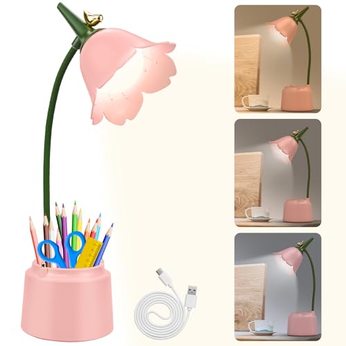 LED Flower Desk Lamp Cordless Table Light - Rechargeable Desk Lamp for Children, Pink Cute Cordless 3 Color Modes Dimmable Touch Control USB Girls Bedside Lamp Desk Light for Children Reading Study