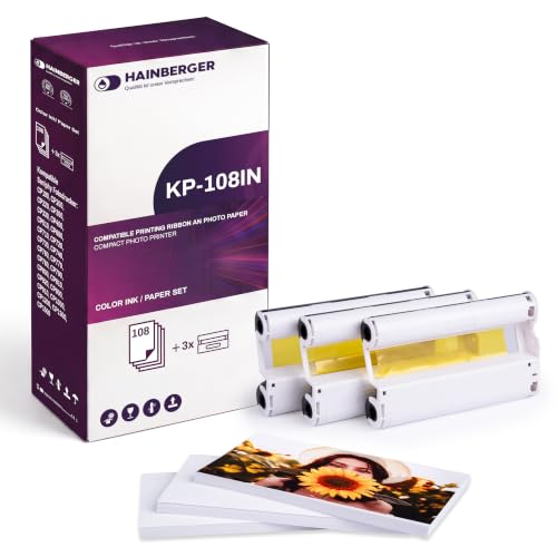 Hainberger Fotopapier und Patronen Kompatibel KP-108IN Color für Canon Selphy CP CP780 CP790 CP810 CP820 CP910 CP1000 CP1200 CP1300 CP1500 Fotodrucker, 108 Fotopapier 100 x 148mm + 3 Patronen