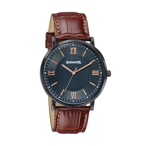 Image of Sonata Verve Quartz Analog with Black Dial Brown Geniune Leather Strap Watch for Men - 77189NL01