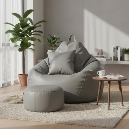 Image of KAM'S LIEU 6XL Jumbo Premium Bean Bag Chair with Footrest & Cushion | Filled with High Density EPS Beans | Comfortable Sofa for Living Room & Bedroom | 6 Months Warranty, Color- (Grey, 6XL, Premium)