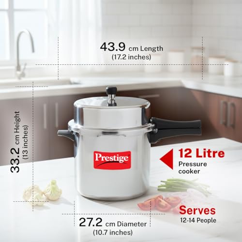 Image of Prestige 12 Litre Aluminium Popular Outerlid Pressure Cooker | Virgin Aluminium| Gas Compatible|Controlled Gasket Release System|5 years warranty|ISI Certified