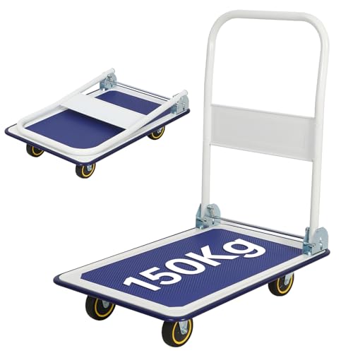 Panana Plattformwagen, Transportwagen Klappbar mit 150 kg Tragfähigkeit - Transportkarre Handwagen Klapptransportwagen mit Lenkrollen & Feststellbremse für Transport und Lagerung (Weiß/Blau)