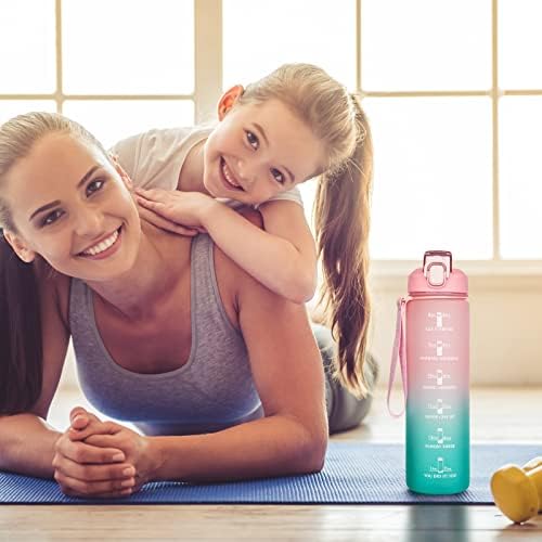 Justfwater 1L Reusable Sport Motivation Water Bottle with Time Marker & Straw, Drinking Bottle for School Fitness
