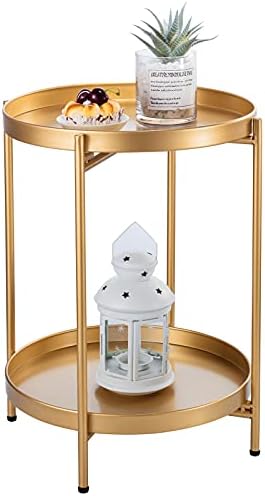 Guudoo Side Table,2 Tier Folding Gold End Table Metal Waterproof Snack Beside Table Accent Coffee Table for Living Room Balcony