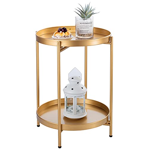 Guudoo Side Table,2 Tier Folding Gold End Table Metal Waterproof Snack Beside Table Accent Coffee Table For Living Room Balcony #TOP12