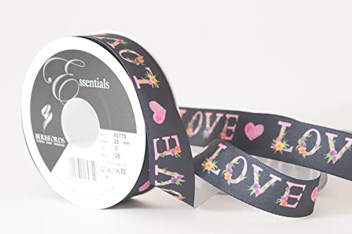 Berisfords Taffeta Patterned Ribbon ‘Love’ Multicolour on Black 25mm Wide 25m Reel, Black/Multi, 25mm x 25m