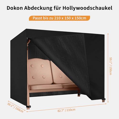 Dokon Hollywoodschaukel Abdeckung 3 Sitzer Wasserdicht Winterfest Winddicht UV-Beständiges Robustes Oxford-Gewebe Schutzhülle für Gartenschaukel, Schaukelbank (210x150x150cm) - Schwarz