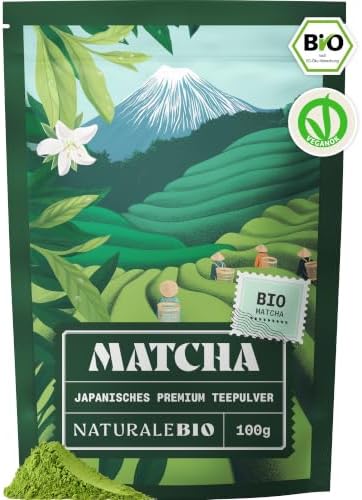 NaturaleBio Bio Japanisches Premium Matcha Pulver L-Theanin | 100 g. Premium Matcha aus erster und zweiter Ernte mit Antioxidantien für Matcha Latte, Smoothies und Iced Matcha.