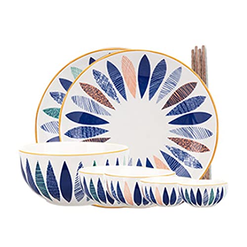 GIQKDZNUO Juego de vajilla Moderna de cerámica de 9 Piezas, Juego de vajilla doméstica combinada en Rojo y Azul con Estampado de Hojas, Servicio de vajilla para 2