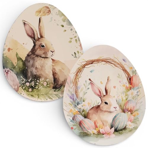 MIJOMA Osterteller 2er Set in Ei-Form 35x29 cm Dekoteller aus Polypropylen Frühlingsdeko Osterdeko mit Hasenmotiv großer Zierteller für Tisch Fensterbank Kommode