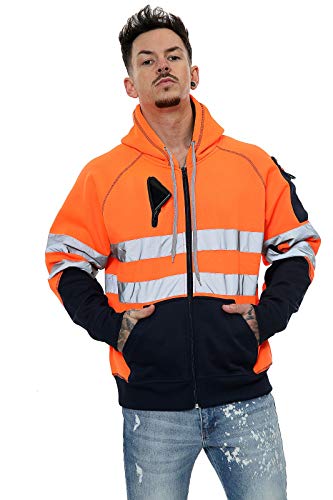 Image of Hi Vis 3 Zips Hoodie High Visibility Reflective Tape Band Work Fleece Safety Hooded Top Phone & ID Pockets Pullover Hood SweatShirts Jacket Warm Security Plus Sizes Small - 5XL (L, Orange Zipper)