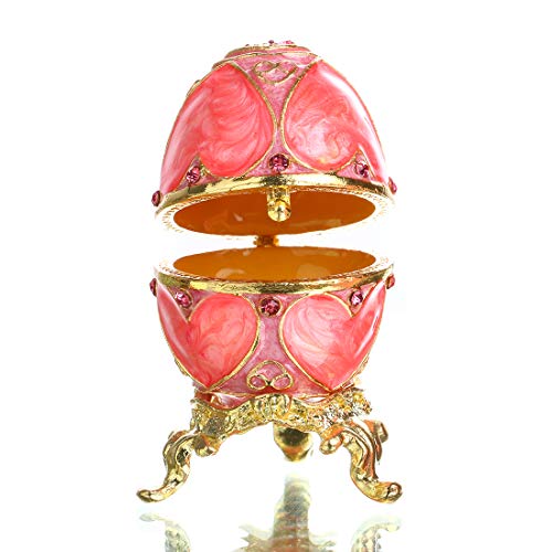 YU FENG Faberge Egg Trinket box Jewelry Box Hinged Collectible Rhinestones Jeweled Painted Enameled Decorative Egg (Pink)