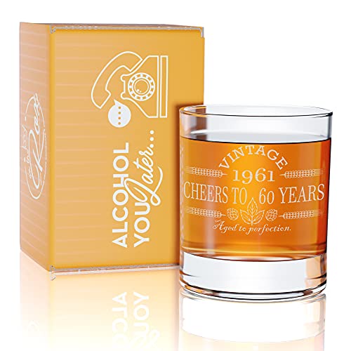 60th Birthday Gift For Men & Women - Permanently Engraved 11 oz Whiskey Glass - 60th Birthday Decorations for Men - Vintage 1961 Birthday - 60th Anniversary Idea- On The Rox Drinks