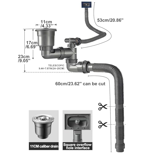 QruiLanTu Single Sink Kitchen Sink Drain Kit Space Saving Flexible Drain Pipe Flexible P-Trap Drain Strainer with 3-1/2 Inch Sink Drain Assembly Kit 304 Stainless Steel
