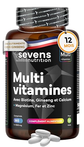 Multivitamines et Minéraux - 365 Comprimés (1 An) - 24 Nutriments Essentiels - Vitamines A B C D E K + Magnésium, Biotine, Zinc & Ginseng - Immunité & Énergie - Multivitamines Homme et Femme - Sevens