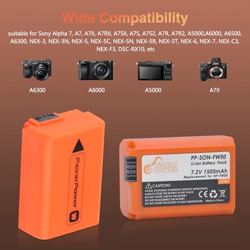 Pickle Power 1500mAh NP-FW50 Battery 2 Pack for Sony ZV-E10 A6500 A6400 A6300 A6000 A7 A7II A7RII A7SII A7S A7R A7R2 NEX-3 NEX-5 Cameras — view 2