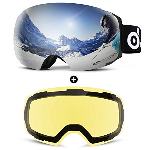 Odoland Magnetic Interchangeable Ski Goggles with 2 Lens, Large Spherical Frameless Snow Goggles