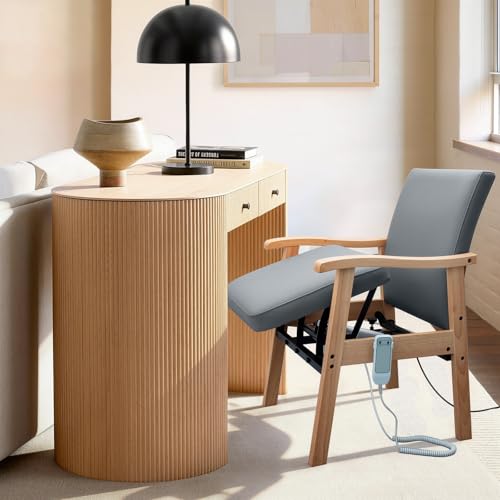 Image of EasyVibe Motorized Stand Up Armchair for Small Spaces - Electric Lift Seat for Seniors, Solid Oak & Gray Leather, Sturdy Steel Core, 280 lbs Capacity, Slate Gray