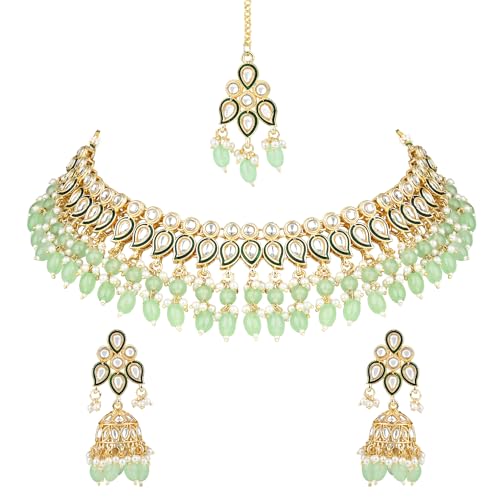 Image of I Jewels Gold Plated Traditional Kundan Pearl Meenakari Choker Necklace Jewellery With Jhumka Earrings Set For Women /Girls