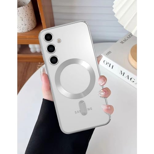 Image of Magnetic Case for Samsung Galaxy S24 Plus, Electroplated Silver Edge, Slim Shockproof Compatible with MagSafe, Wireless Charging, Camera Protection