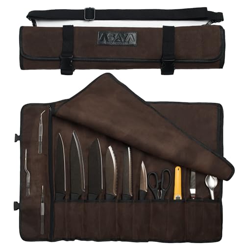 Asaya Canvas Chef Knife Roll Bag - 10 Knife Slots and a Large Zipper Pocket - Durable 10oz Canvas Knife Case with an Adjustable Shoulder Strap - Knives not Included