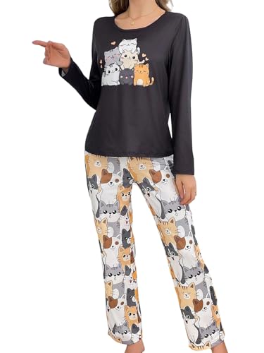GORGLITTER Pijama de mujer largo, conjunto de pijama de dibujos animados de gatos, camisas de manga larga con pantalones de pijama largos, traje de casa de dos piezas, ropa de dormir, set de prendas