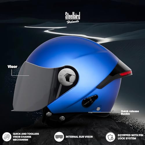 Image of Steelbird SBH-64 Brutal Plus Reflector ISI Certified Open Face Helmet for Men and Women with Extra Smoke Visor