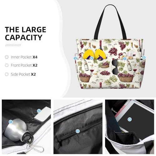 Large Beach Bags for Women Sandproof - Wine Grapes Print Summer Work Travel Tote Bags with Zipper3